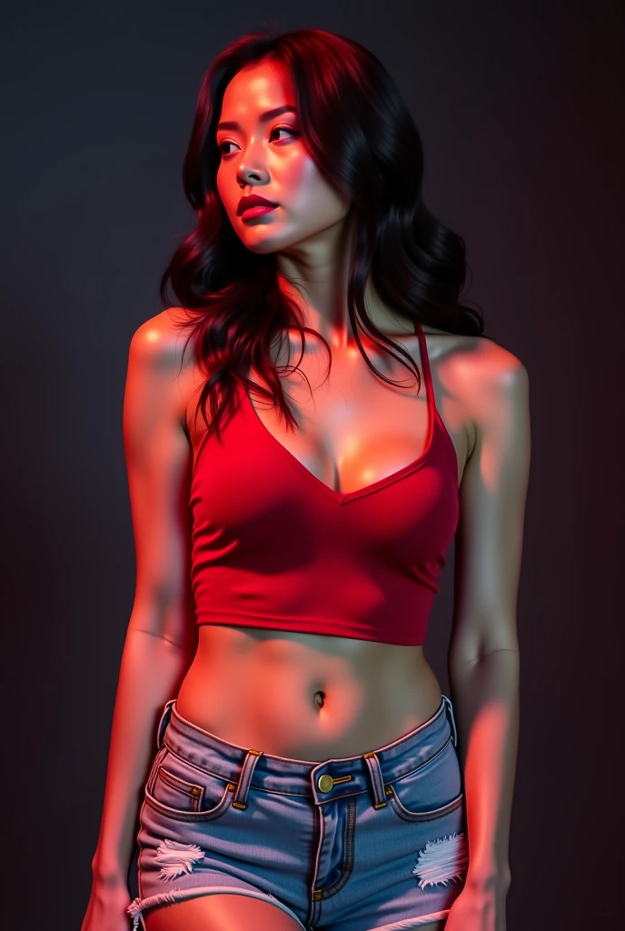 bright light, vibrant colors,
an extremely beautiful korean woman, with long black hair and tousled waves, voluptuous, very large chest,
she is wearing a black crop top with thin spaghetti straps, and a mini denim short,
sexy pose,
behind her is a red painted wall,