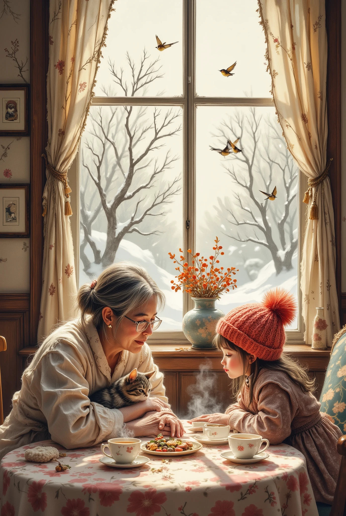 An old gray-haired woman with a kind smile looks lovingly at a sweet young girl in a knitted fluffy bright hat. A look full of love. A fluffy fat cat. Two cups of hot tea. Nice homemade table setting. The atmosphere of kindness, care and home comfort. There is a window in the background. There is a winter landscape outside the window. Outside the window are bare mountain ash branches, red berries on the branches, snow, chickadees.Delicate whimsical patterns on the walls, the visual embodiment of kind, sweet fantasies. Dreams. Good wishes and love. Calm, pastel colors. A soft homely atmosphere. Aerial perspective. Tonal perspective. Side view. The view is on the same level. Digital art. Incredibly subtle drawing of details with ink. A mixture of illustration and watercolor techniques. High detail. 8k.