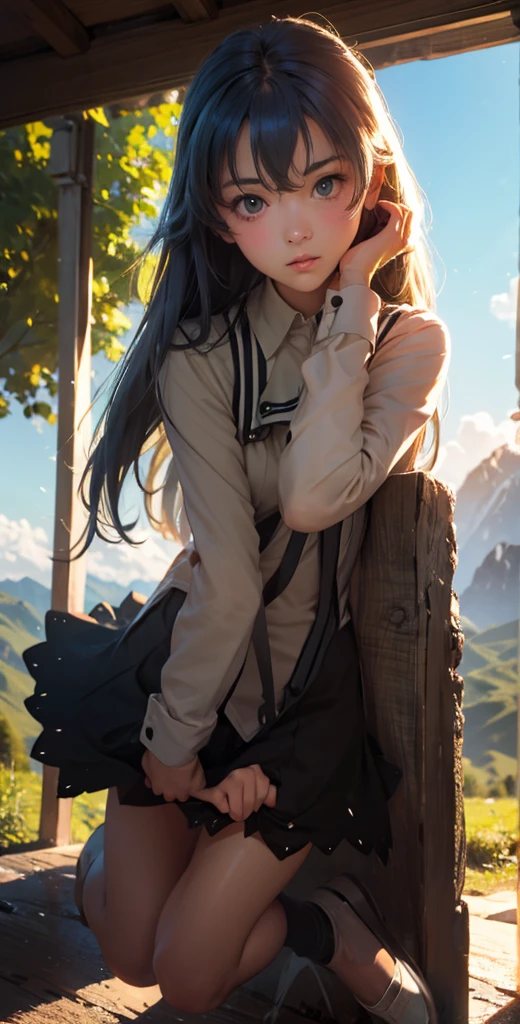 (The vast sky+Large grasslands),the moving visual effects,Colorful natural lighting,The middle of the meadow,long hair girl(backpacks,A long-sleeved top,shorts)
