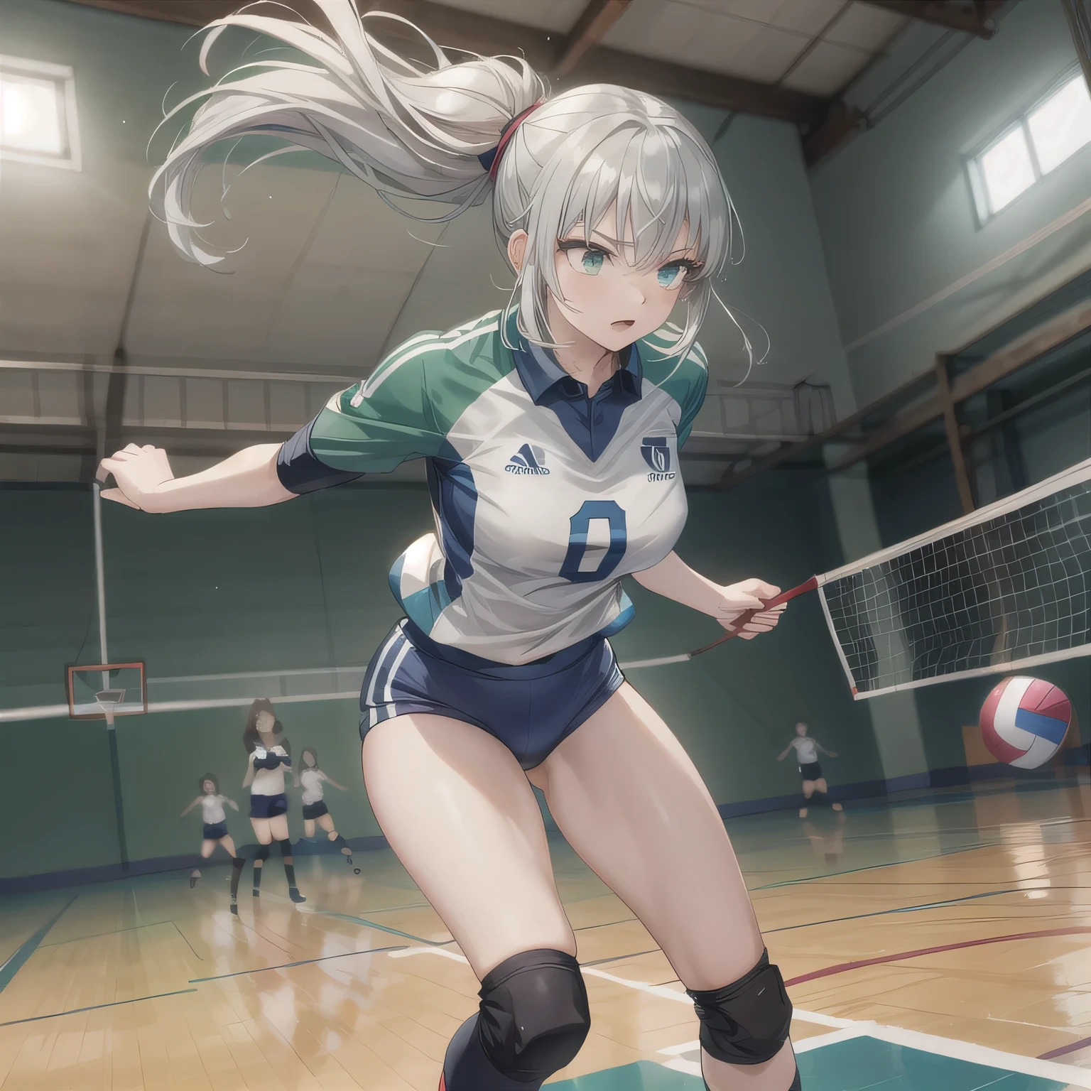 A breathtakingly beautiful 20-year-old woman soars into the air on a volleyball court inside a brightly lit gymnasium, preparing to spike the ball with precision and power. Her athletic form is accentuated by a sleek, form-fitting uniform, and her intense gaze remains locked onto the target. The polished wooden floor reflects the motion, enhancing the dynamic energy of the moment as she displays her skill and determination.Grey hair, green eyes.