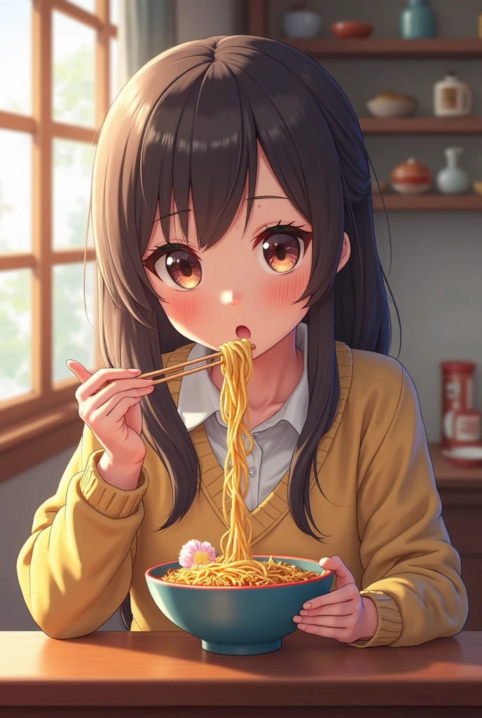 Anime girl eating a bowl of noodles with chopsticks, Realistic painting inspired by Kano Naizen, trending at Art Station, Fantastic realism, Realistic Anime 3D Style,  3D Animation Realistic , cute realistic portrait, Photorealistic Anime girl render, Photorealistic Anime,  on ne、cute 3d anime girl, Hyperrealistic Anime, beautiful digital art
