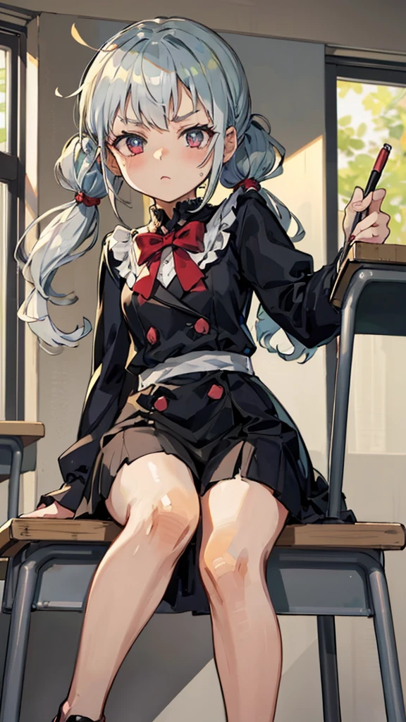 Young girl with grey hair, ((fringed and curly hair)),((curly short twintail)), curly hair ,(red eyes),, ((small bushy eyebrows)), wearing gothic ta clothing, loli, walking to school, bored look, bored face,, (sitting with legs open lifting her skirt to show her vagina wet with semen),