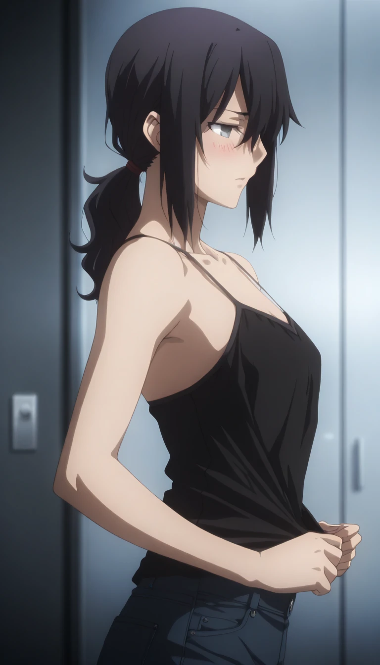 Anna yamada, bright lighting, sharp image, perfect ass, thicc thighs, 1girl, ponytail, black hair, plaid, long hair, solo, brown eyes, blush, bangs, bare shoulders, image from back, looking back at the viewer, happy, highest quality, ((8K Image))