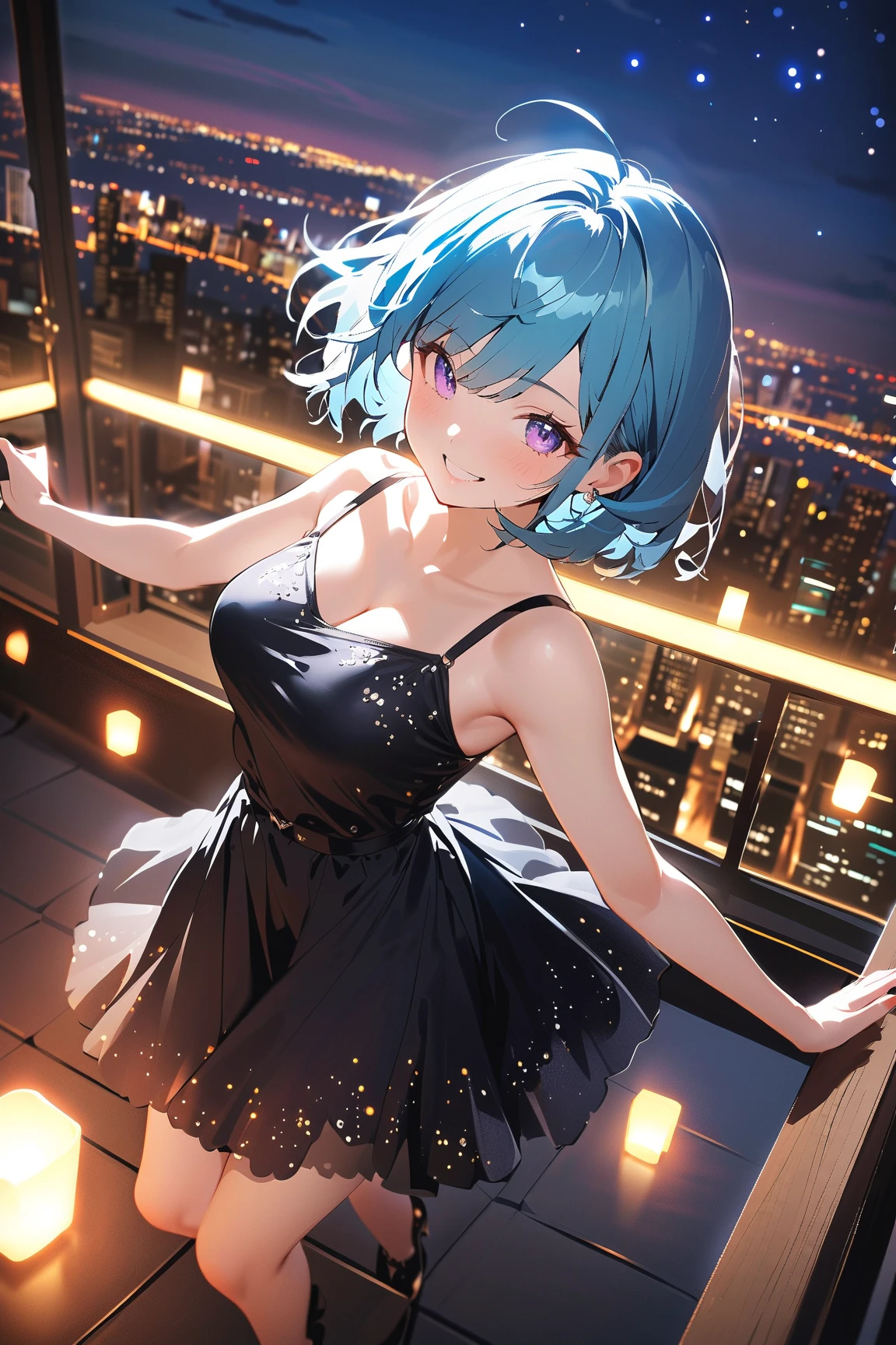 Highest quality、Light blue hair、Short Bob、Deep green eyes,2,,small breast,White evening dress、Skyscrapers in New York、Night view、smile、dancing、looking outside、Starry Sky