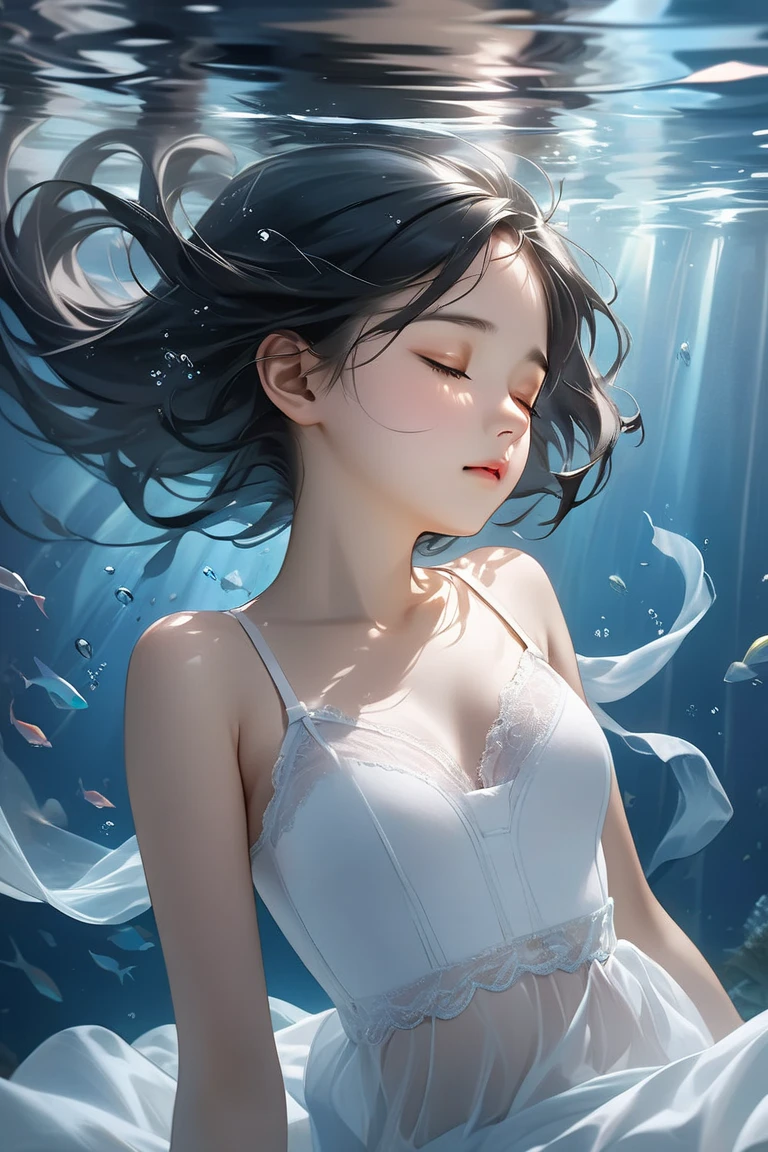 (Hyper realistic) , side profile, extremely beautiful corean young woman, (green eyes) , (black hair) , white dres, under water, closeup photo, angelical bright, juicy lips, asiatic ager, (delicate ilustration)