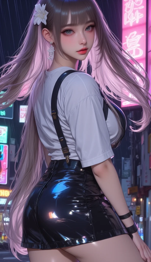 (best quality:1.5, high resolution, ultra high definition, 4K, detailed lighting, shader), purple hair, gradient hair, Big breasts, suit, Gray shirt, Social shirts, short skirt, mature woman , (View), White background, Colorful eye shadow, dramatic lighting, Bright Eyes, emotional expression, gold earrings, flowing hair, Exquisite facial features, snow white skin, High cheekbones, urban environment, White background, Don&#39;t look for the camera, Lean over, view from behind , get wet in the rain rain.Silver hair and blue eyes, White shirt，No, in animated movies, in anime, Anime vision of a young woman, 她有一张可爱而富有表情s face,  Big breasts, red cheeks, s face, White skin