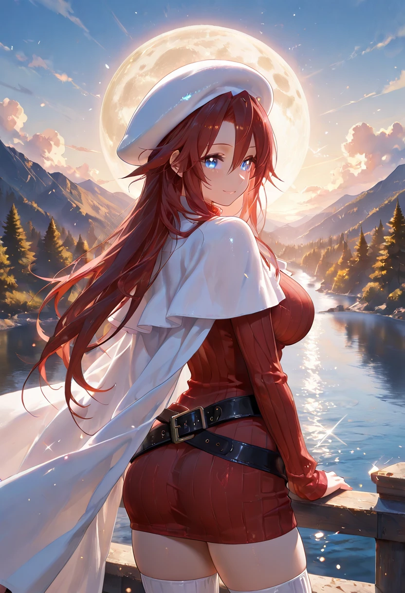 masterpiece, best quality, highres, ah3, kushsina_uzumaki, facial mark, long hair, red hair, blue eyes, multiple tails, fox tail, magical girl, naked body, large breasts, pussy, nipples, nude shoulders, sexy, smile, cowboy shot, standing, village, mountains