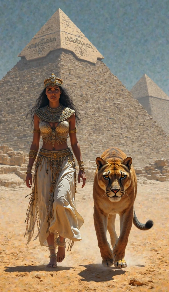 Arafed picture of a desert princess BREAK and her pet cougar in her palace high details, best quality, 16k, f a female human princess and her pet cougar, princess of the desert, full body, ((anatomically correct: 1.5)) ((standing: 1.5)) proudly royalty demeanor, a woman, (best detailed face: 1.5), Ultra Detailed face, wearing royal desert dress, decorated with gems, wearing princess tiara, small cleavage, thigh high intricate leather high heeled boot, thick hair, long hair, brown hair, tan skin intense brown eyes, her epic desert (cougar : 1.3) lying at her feet, guarding her, an epic fantasy desert palace in an oasis in the background (intricate details, Masterpiece, best quality: 1.5) night, moon light, stars ,Wide-Angle, award winning, best quality, high quality, high details, highres, vibrant, Ultra-high resolution, High Contrast, (masterpiece:1.5), highest quality, Best aesthetics, best details, best quality, highres, ultra wide angle, 16k, [ultra detailed], masterpiece, best quality, chumbasket art style, Cinematic Hollywood Film,