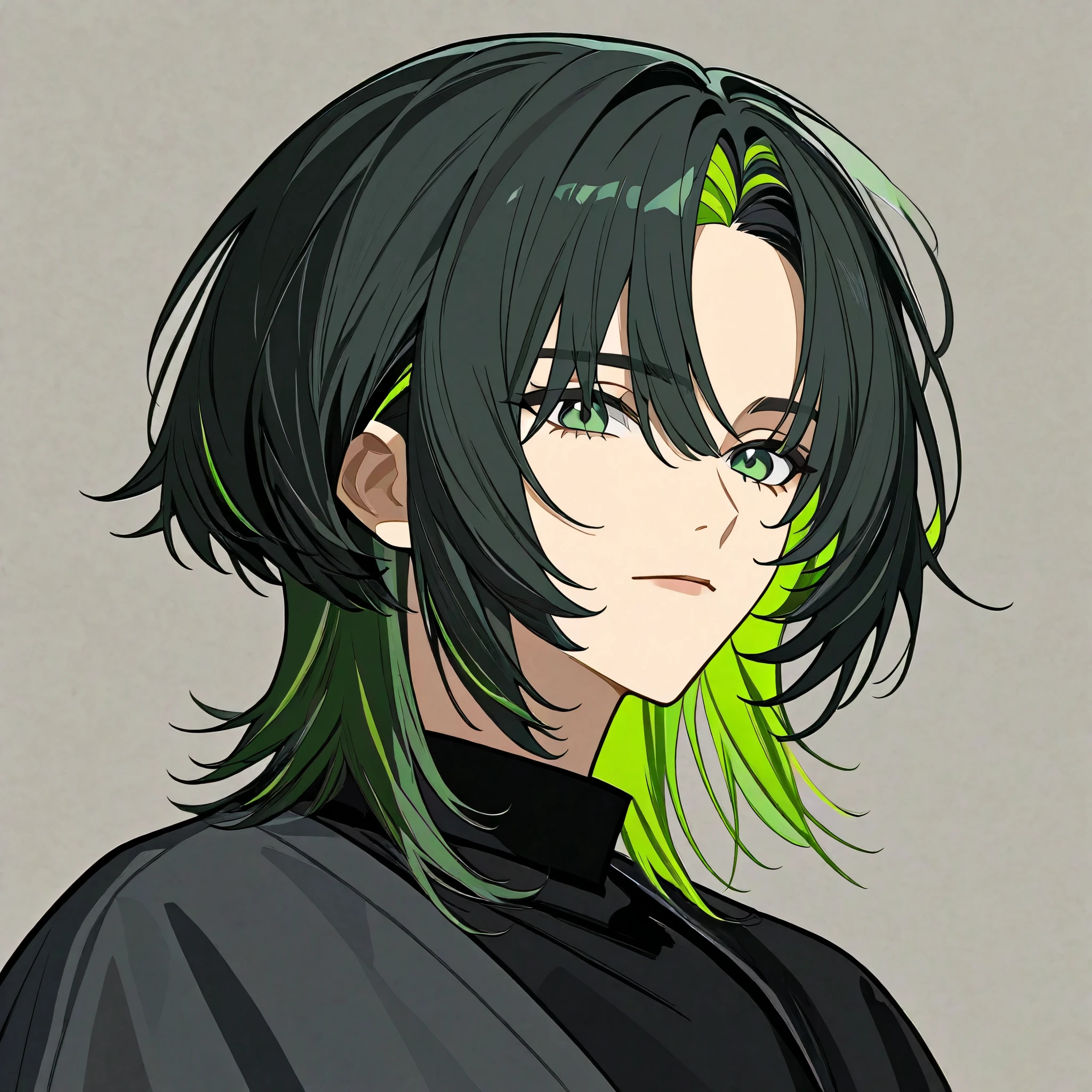 Create an anime with black hair, highlighting green hair, green eyes, undercut hair on the side, and with a gradient of layers of hair to give it volume and look a little messy in the style of a wolf cut. The length is so flattering. I open my forehead, flick to the side of the head.