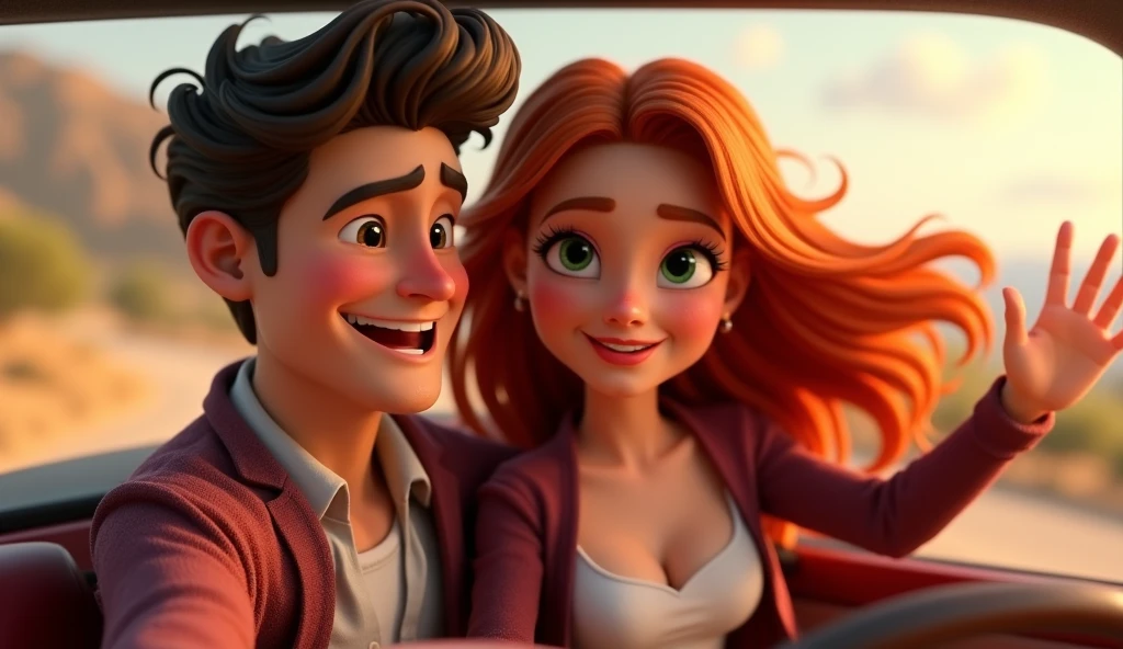 Disney 3D couple in a car, the man is holding the steering wheel. The woman has long red thick hair, green eyes, and she's wearing a thick green long dress with white sandals. The man has brown hair, brown eyes, and a thick brown beard. He's wearing a black watch and a black T-shirt.