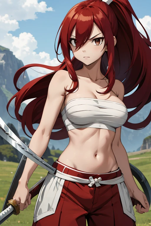 masterpiece, best quality, highres, fairy tail, 1girl, long hair, red hair, ponytail, white ribbon, hair over one eye,red eyes, large breasts, collarbone, chest sarashi, bandage, bare arms, midriff, red hakama, red pants, standing, holding weapon, sword, katana, outdoors, muscular female, sweating, wet, steaming body,
