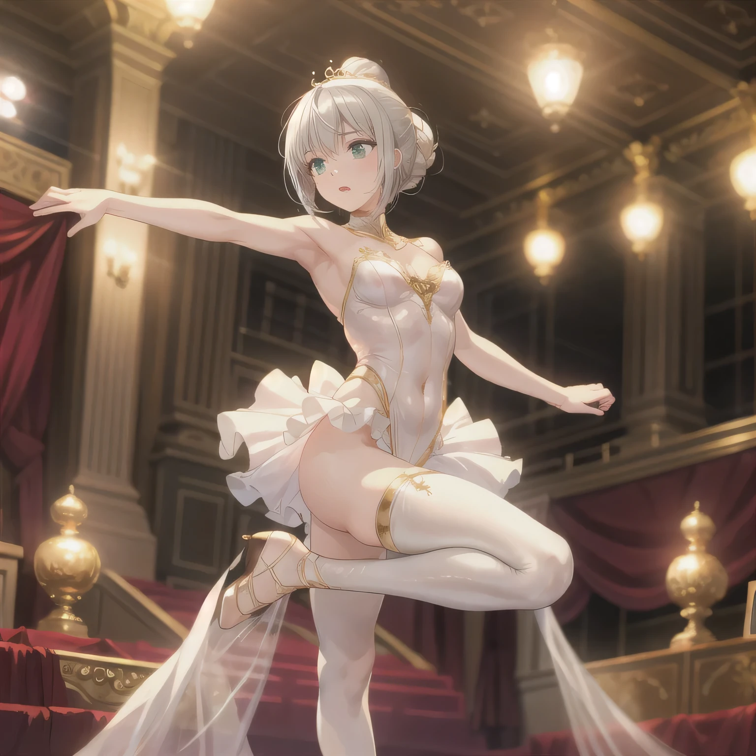 Depict a 20-year-old, exquisitely beautiful ballerina performing on a grand theater stage. She wears a delicate and intricately designed tutu, its soft fabric flowing with every movement. Her posture is impeccable, one leg extended in a perfect arabesque, arms poised elegantly. The warm stage lighting casts a golden glow, illuminating her delicate features and emphasizing the sheer grace of her dance. Grey hair, green eyes.