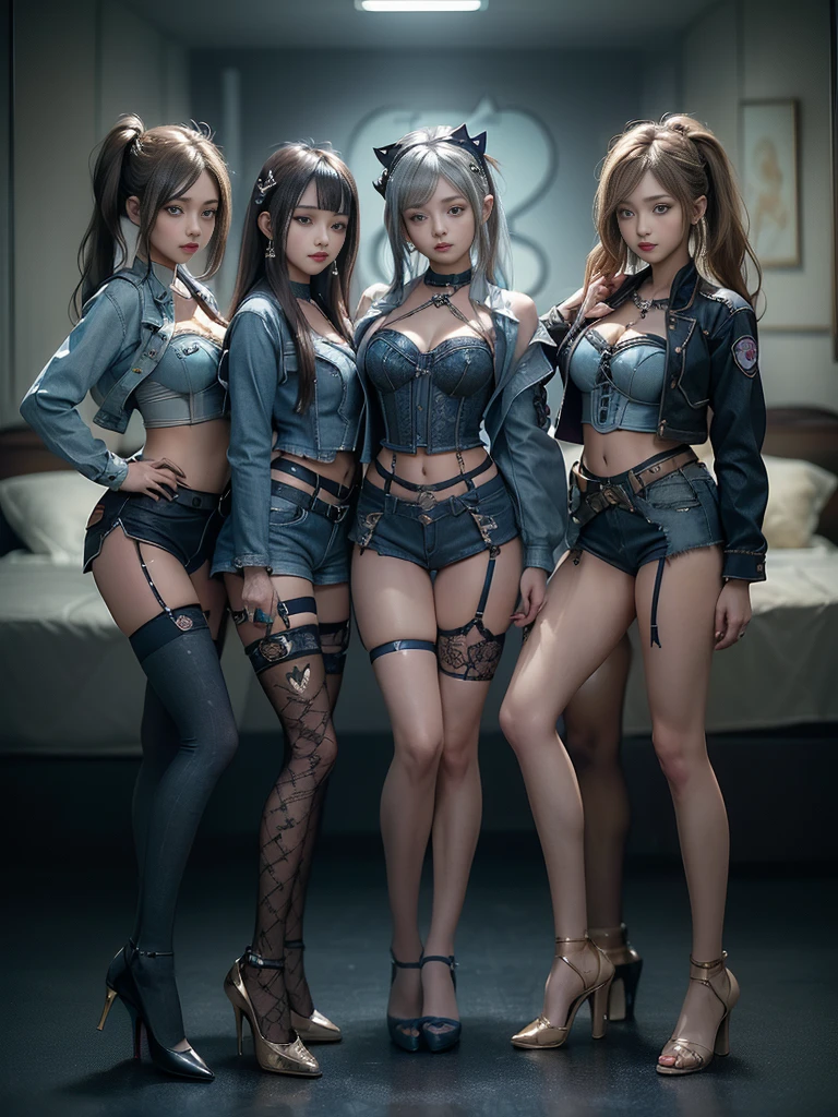 Family 2 sexually female cyborgs, blue hair, magazine cover, poster art , adding to the spine-tingling atmosphere, bold huge text, matted design layout. Squeezing belly, all in bikini