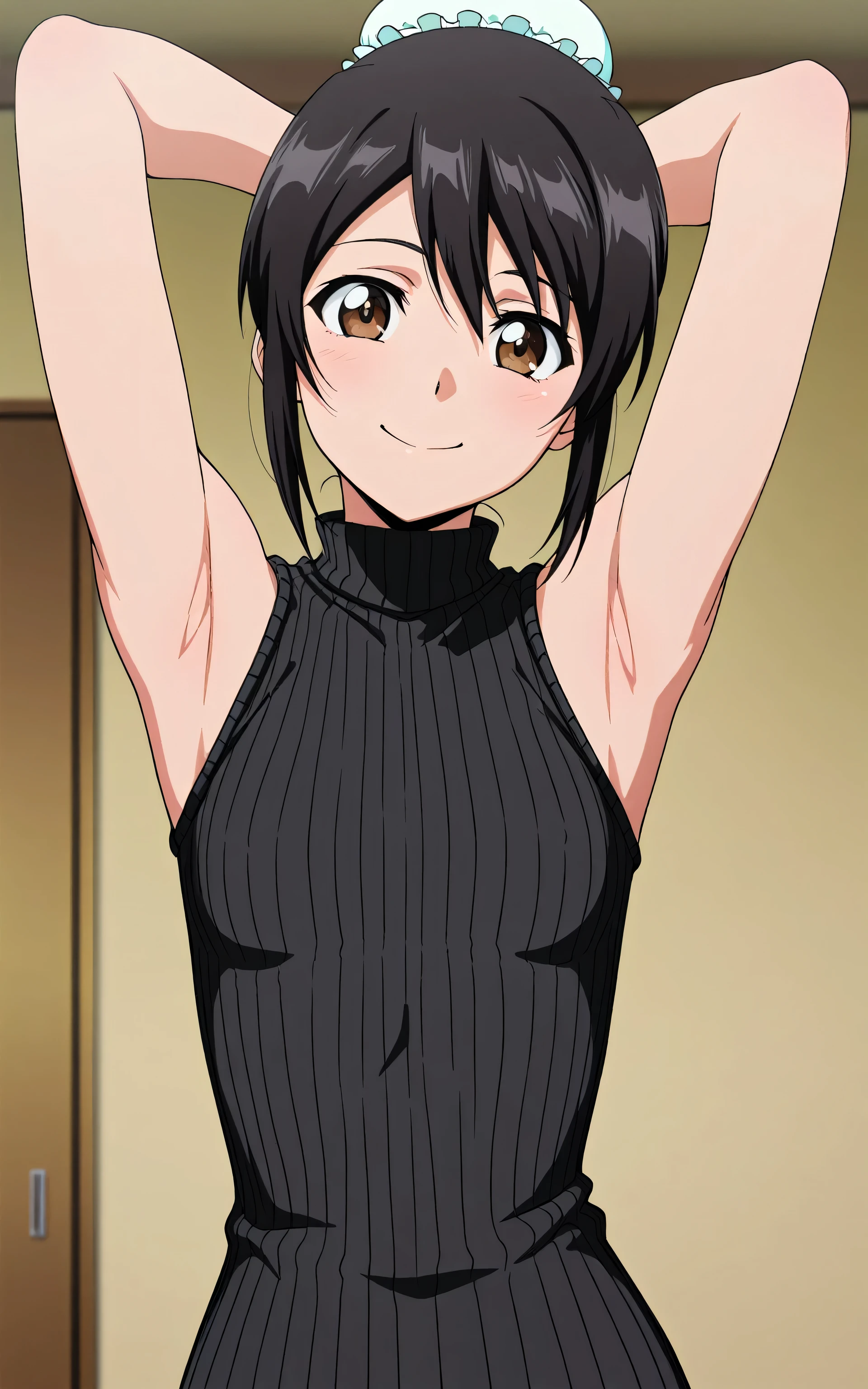masterpiece, best quality, amazing quality, anime screencap, anime coloring, 1girl, solo, momohinamori, black hair, single hair bun, bun cover, brown eyes, small breasts, black sweater, sleeveless sweater, ribbed sweater, turtleneck, sleeveless, bare shoulders, bare arms, arms behind head, armpits, head towards viewer, looking at viewer, smile, front light, indoors