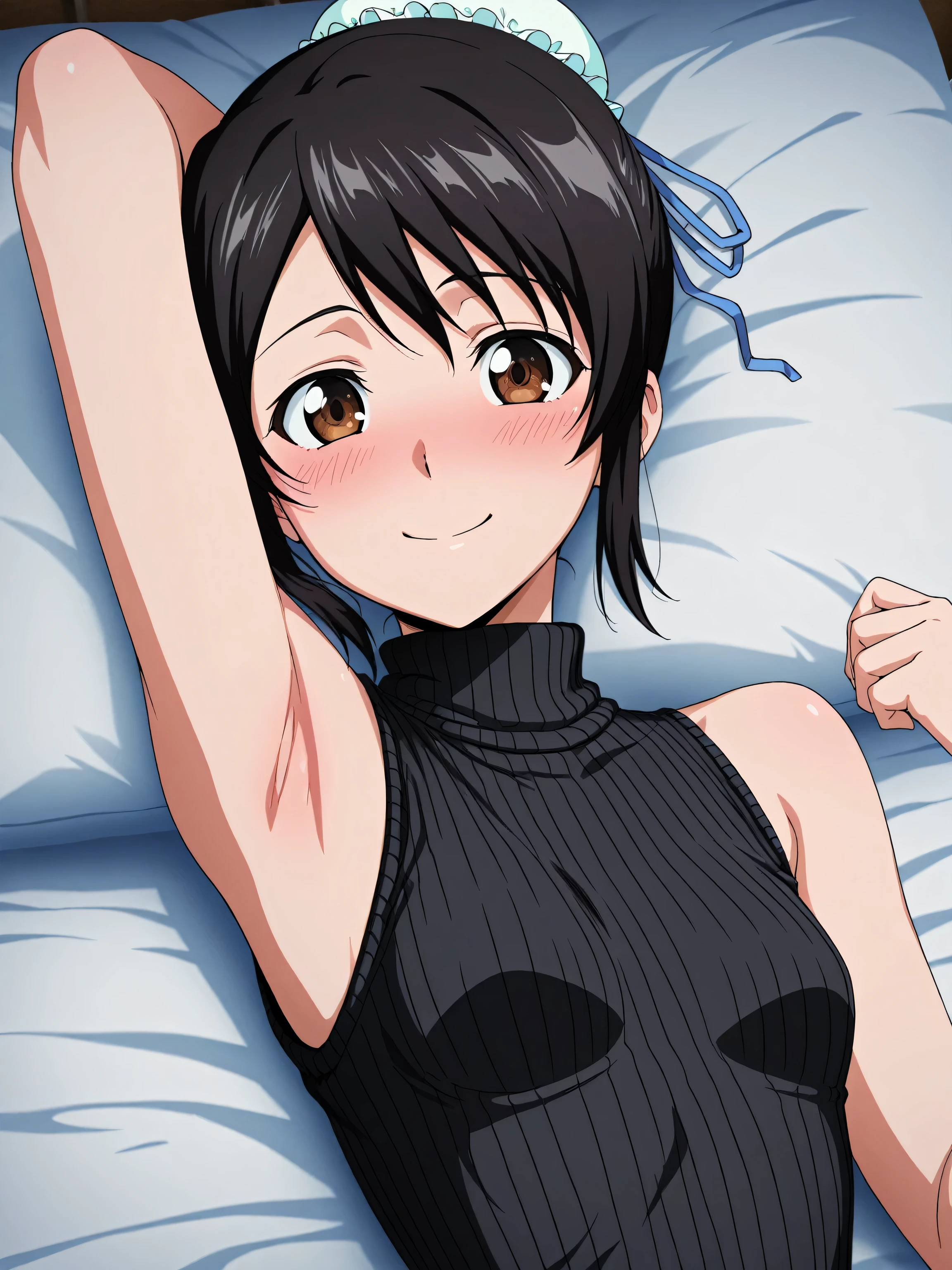 masterpiece, best quality, amazing quality, anime screencap, anime coloring, 1girl, solo, momohinamori, black hair, single hair bun, bun cover, brown eyes, small breasts, black sweater, sleeveless sweater, ribbed sweater, turtleneck, sleeveless, bare shoulders, bare arms, arm behind head, armpit, head towards viewer, looking at viewer, smile, front light, lying in bed, blush