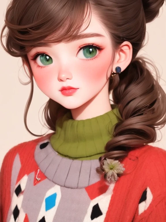 (masterpiece, best quality:1.2),flower arrangement art,watercolor painting,black irregular lines,a beautiful girl,Skin detail processing,The eyes are finely described,Delicate hair,ponytail,black high-neck sweater,White geometric pattern,Sweater details,hairy,Warm,Retro contrasting colors,flower brooch,clean background,green,blue,red,