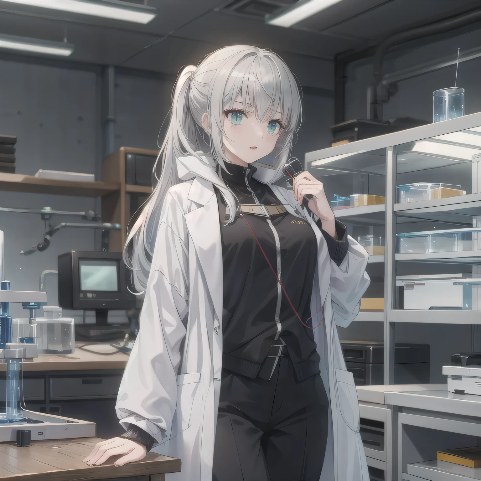 Depict a 20-year-old, stunningly beautiful woman conducting an experiment in a well-equipped science lab. She wears a pristine white lab coat over professional attire, her expression focused as she carefully handles scientific instruments. Whether her hair is long and neatly tied back or short and styled, she maintains a meticulous appearance suited for the lab environment. The background features shelves filled with scientific equipment, adding to the immersive atmosphere of the setting. Grey hair, green eyes.
