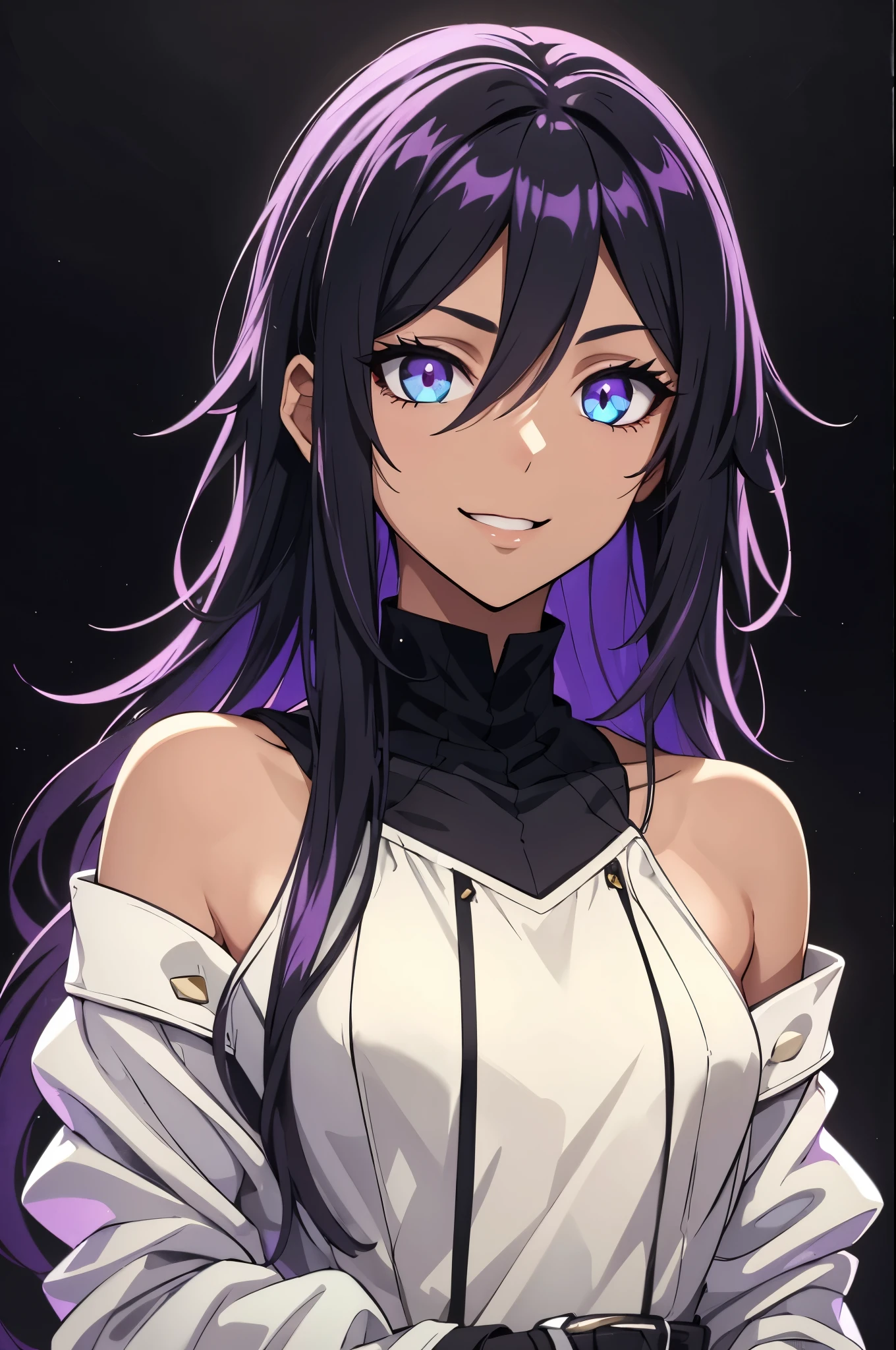 (high-quality, breathtaking),(expressive eyes, perfect face) 1girl, female, solo, young adult, long hair, dark purply black hair color, purple lighting in hair, spiky hair, bright blue eye color, black background, neutral expression, cute smile, Symmetrical Eyes, Symmetrical ears, light rain, modern fantasy clothing, portrait, tanned skin, slightly dark skin, mohawk haircut, blouse shirt, small bust, jacket, long sleeves, white dress, hair between eyes, bare shoulders, jacket, messy hair,