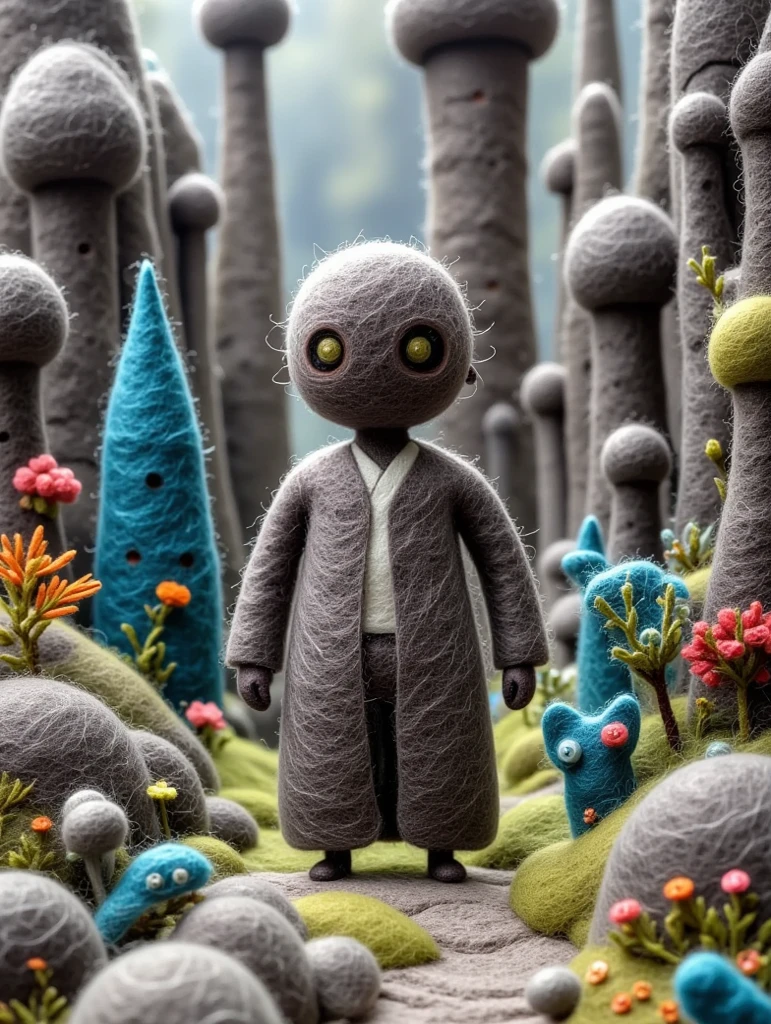A creative felt painting：Faceless Man in the Stone Forest