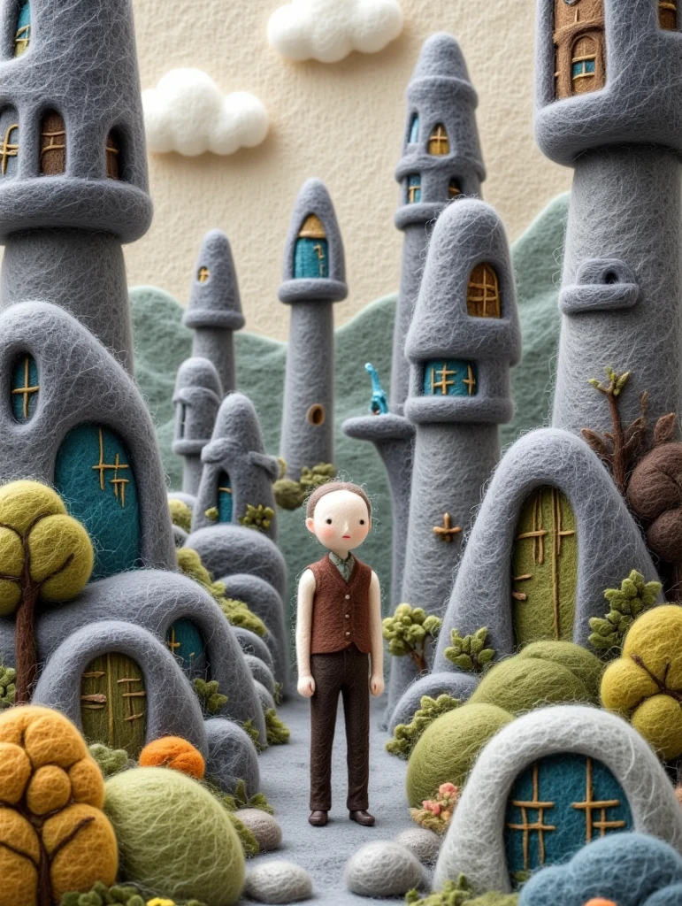 A creative felt painting：Faceless Man in the Stone Forest