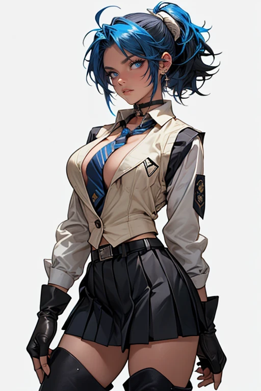 score_9, score_8_up, score_7_up, 1girl, smudgy, traditional art, liu2, brush texture, big breasts, brown skin, facing viewer, virgin killer armored vest, side boob, white background, ear piece for communication, shy, one hand on hips, exposed sides, hand knife in her hand one hand down straight while holding knife ,tomboy hair cut