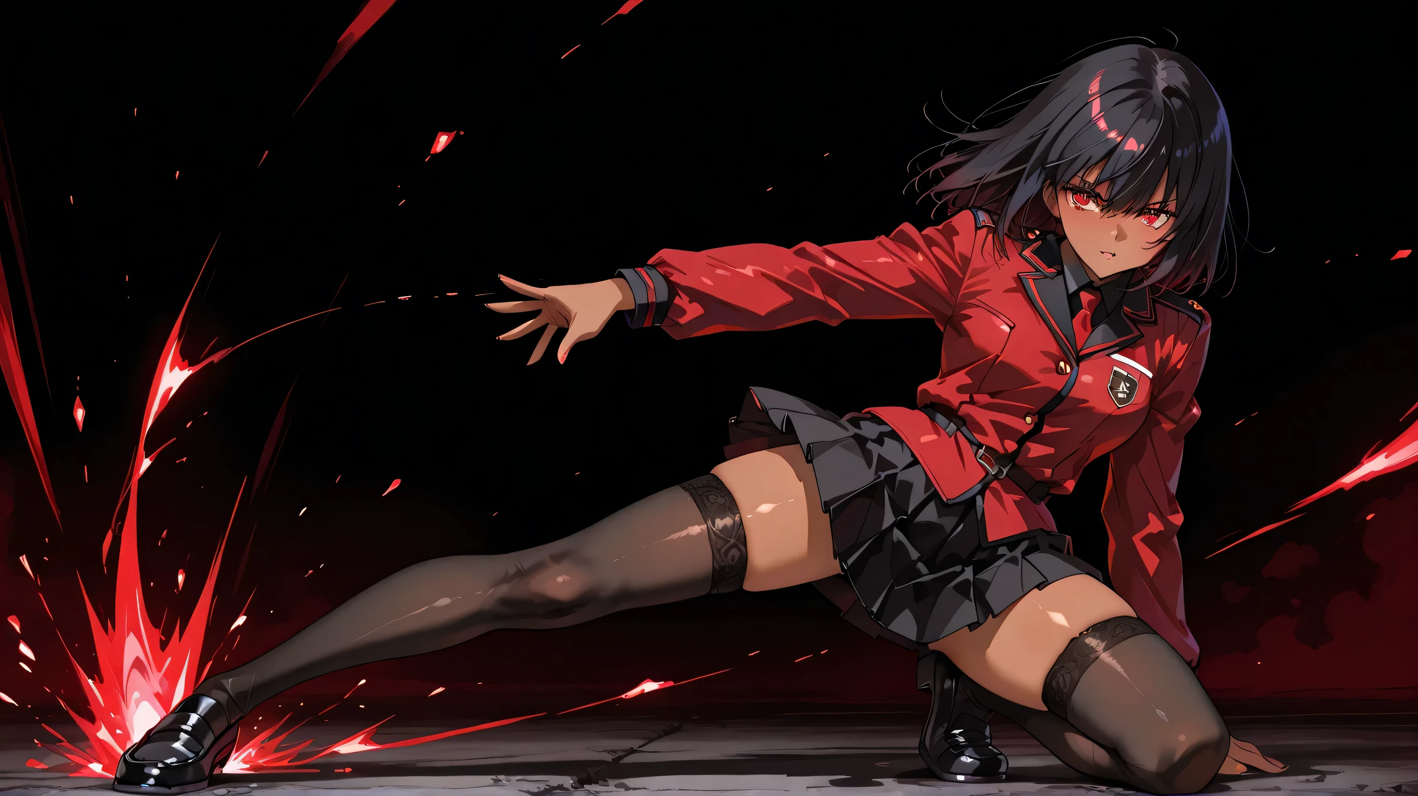 Full-body shot of an anime-style character, a black-haired girl wearing a red jacket and skirt uniform in the dark night, with red eyes, stockings, and tanned skin, striking a cool pose. High resolution, in the style of epic fantasy digital art