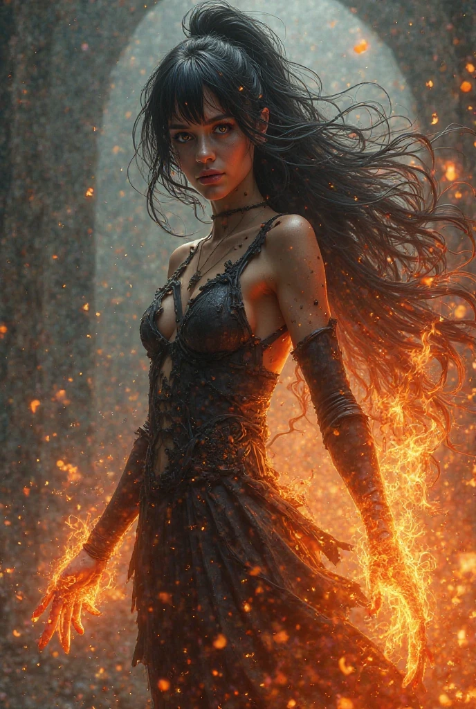A woman standing in flames and in the forest, Not 20, long black hair, blood red lips, red normal eyes and a slim figure, her gaze powerful