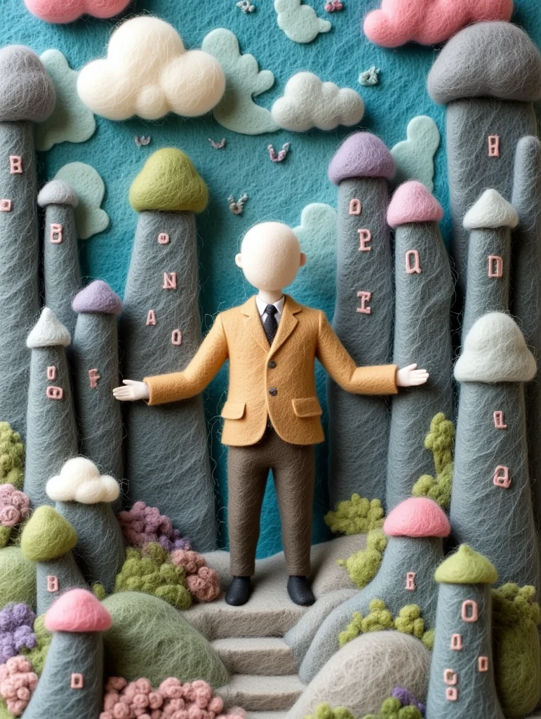 A creative felt painting：Faceless Man in the Stone Forest