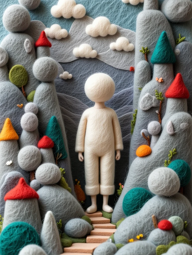 A creative felt painting：Faceless Man in the Stone Forest