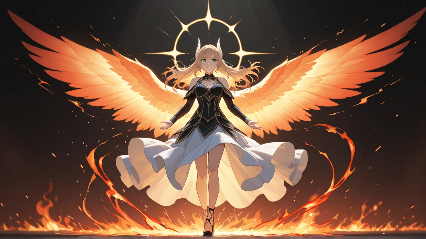 (((1girl))), ((best quality)), ((masterpiece)), ((ultra-detailed)), (illustration), (detailed light), (an extremely delicate and beautiful), (beautiful detailed eyes), (sunlight), ((extremely light)), ((extremely clothes)), (((hyper detail))),(((((front lighting))))),(((((front light))))),
((((quite adorable and much more erotic Wizard's robe with a brief skirt and magical tiara)))), (((Finest Ranked Wizard))),
,
(((wavy short manish bob))), ((((yellow gold hair)))), (((short hair))),
(((ruby red eyes))), (((tiny adorable angel wings))), (((angel halo))),
(((whole body))), aged 8 to 12, ((((())))),
((condescending expression)), ((mischievous smile with sexual satisfaction)), (((extra adorable))), (((((extra slender shape))))),
(((extremely beautiful detailed face))), (((surrounded by many burning fire balls))),
(((((supre dynamically and bravely attacking enemies by a spell of flames of Inferno))))), (((elegant magic boots))),
(((((Dutch angle))))), (((magical colored gloves))), ((transparent magical underskirt)), (a little bit exposed magical colored panties)