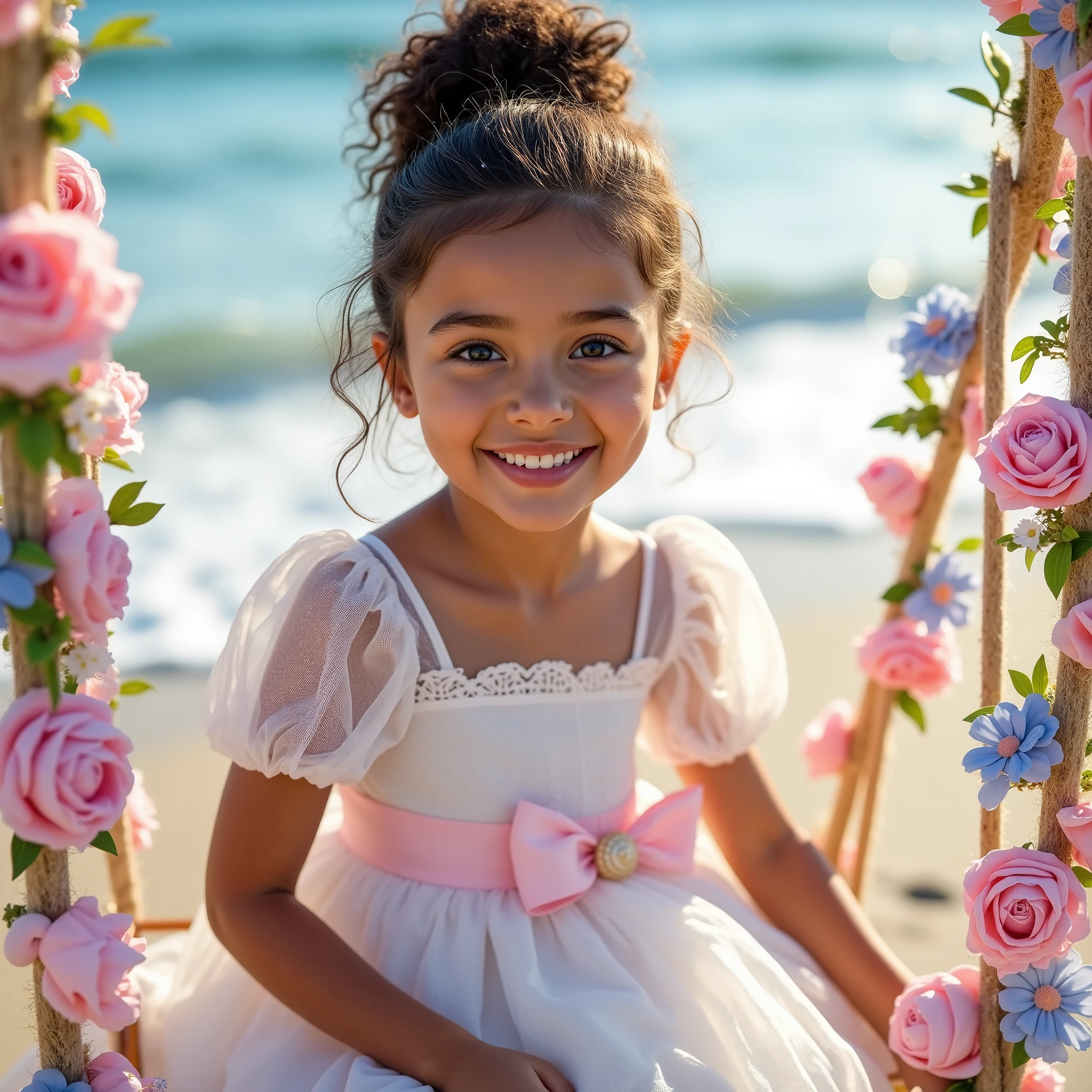 "A highly detailed, photorealistic image of a young girl, around , sitting on a beautifully decorated floral swing at the beach. She has a radiant smile, warm brown skin, and curly dark hair styled in a high bun. She wears a delicate white and pastel pink dress with puffed sleeves, lace embellishments, and a bow at the waist, creating a charming and elegant look. The swing is adorned with soft pink and white flowers, with hints of blue blossoms and green leaves. The background showcases a serene beach setting with soft waves and a bright blue sky. Sunlight gently illuminates her face, giving a dreamy and magical feel. The image should be ultra-realistic, with lifelike skin textures, natural fabric folds, and intricate floral details."