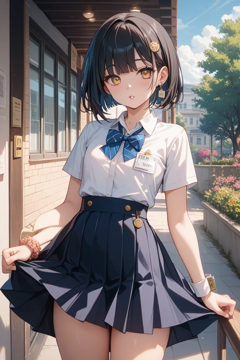 masterpiece, insanely detailed, schoolgirl, bob, wave hair, black hair, golden eyes, droopy eyes, big eyes, fair skin, petite, slim,skirt lift,