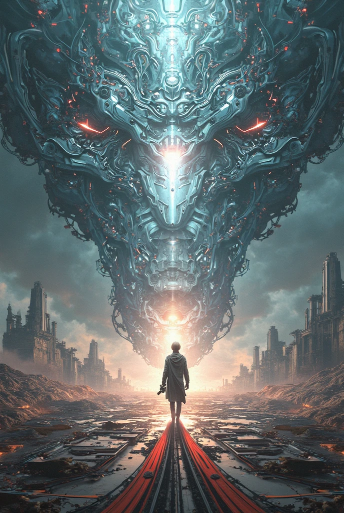 Monstruo humanoide gigante mirando hacia abjao en un paisaje de otro mundo,alien,alienigena,Gigante echo de fractales, Fractal infinito,fractal de Mandelbrot, divino, Figura imponente humanoide, masivo,escala masiba, mirando hacia abajo, de pie, inmenso, apocalyptic, colorido, iridiscente, obra maestra, 4k-resolution, detalles intrincados, dios,divino,ente superios echo de fractales,figuara imposible,geometria unica,