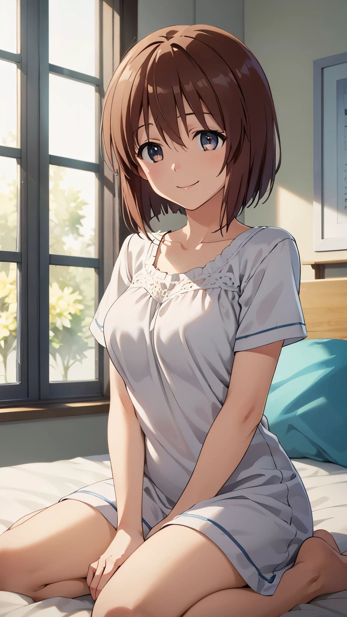1 girl, yukiho hagiwara, brown hair, short hair, brown eyes, smile, BREAK, white dress, casual mini dress, sleepware, barefoot, Sit on the bed, view audience, In a room, (The large window overlooks the blue sky), morning, (A bright room lit by the morning sun), Close up on face, CG, unity, 8k, wallpaper, highest quality, masterpiece, complex pupils, complex textile, detailed background, (best lighting: 1.5), detailed eyes, detailed face