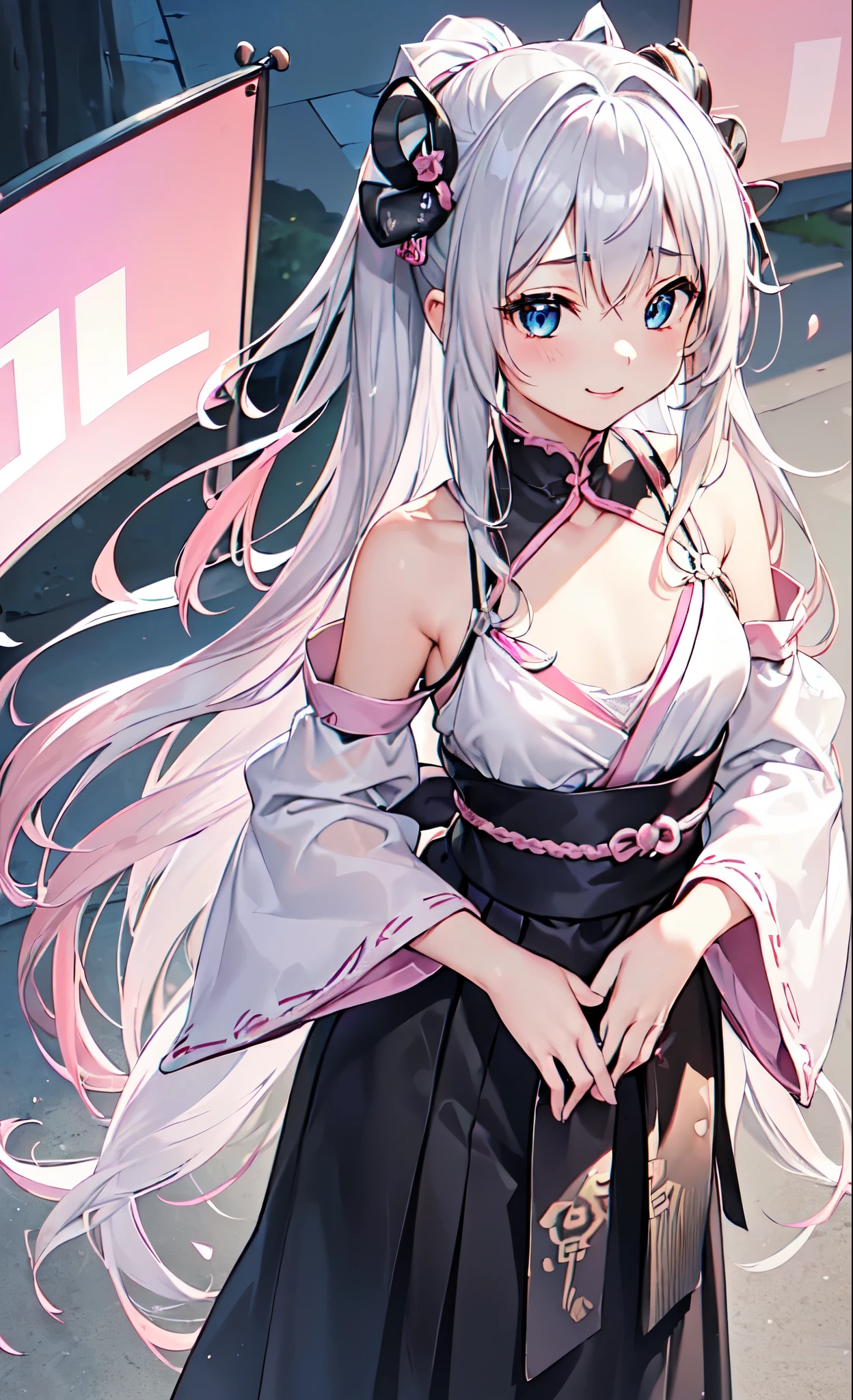 ((18-year-old female:1.3))、one woman, Young and Adorable Japanese Faces , official art,high-definition CG Unity 8K wallpaper,( masterpiece:1.0),(highest quality:1.0), 超High Resolution,4K,very well detailed, photo shoot, 8k, High Resolution, Kodak Portrait 400, film grain, lens flare glow,高いest quality,8k,), as a portrait shot,8k、viewer, ((( front view))), ((( front view))), ((facing))、(very long silver hair up to the ankles:1.3)、 hair with a lot of volume、feminine silver hair,(silver pink gradient color hair:1.5),(Super detailed beautiful face and blue eyes),Small face、Full Body Image, rich breasts,Dress with lots of decorations , shoulder、Chest Valley、smile、is standing、shiny skin、 sexy、Correct limb 、see-through long sleeve pirate top,See-through shrine maiden costume with black skirt,Black Belt, Solemn Atmosphere