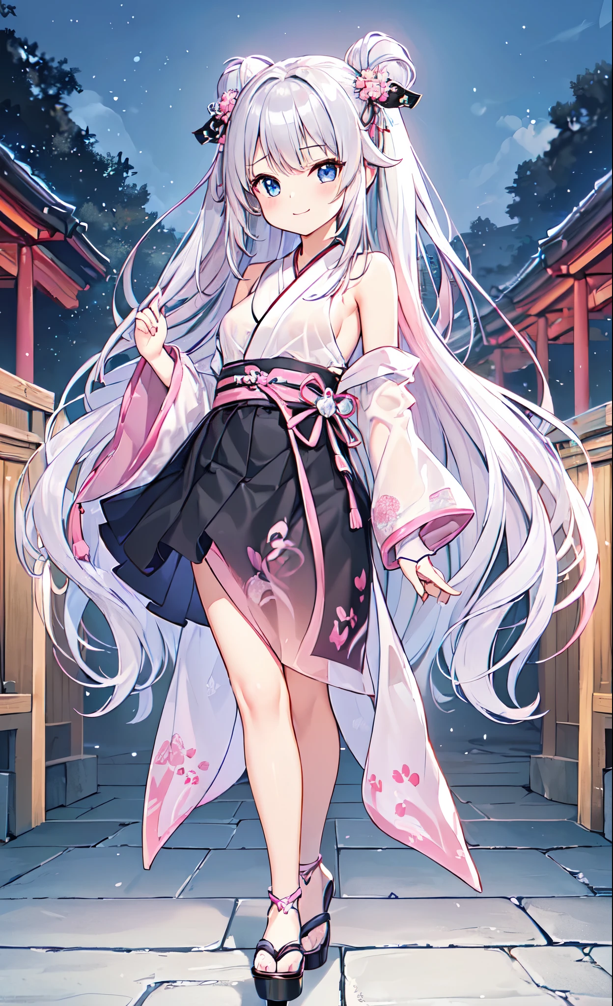 ((18-year-old female:1.3))、one woman, Young and Adorable Japanese Faces , official art，high-definition CG Unity 8K wallpaper，（ masterpiece:1.0),(highest quality:1.0), 超High Resolution,4K,very well detailed, photo shoot, 8k, High Resolution, Kodak Portrait 400, film grain, lens flare glow,高いest quality,8k,), as a portrait shot,8k、viewer, ((( front view))), ((( front view))), ((facing))、(very long silver hair up to the ankles:1.3）、 hair with a lot of volume、feminine silver hair,(silver pink gradient color hair:1.5),(Super detailed beautiful face and blue eyes),Small face、Full Body Image, rich breasts,Dress with lots of decorations , shoulder、Chest Valley、smile、is standing、shiny skin、 sexy、Correct limb 、see-through long sleeve pirate top，See-through shrine maiden costume with black skirt,Black Belt, Solemn Atmosphere 