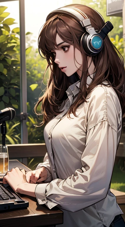 masterpiece, Best Quality, breasts, illustration,, reception booth, Alone,  microphone,  headphones, Realistic,  brown hair, shirt, , white shirt, behind,  microphone,  microphone stand,  