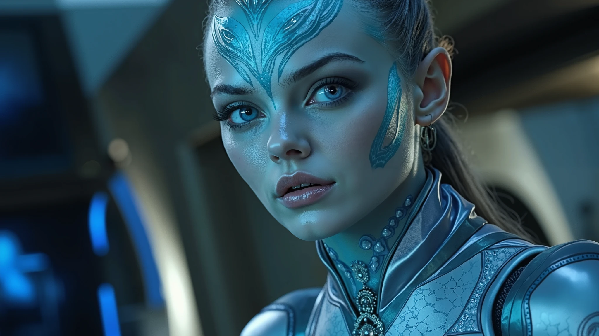 close-up, full length,blue alien humanoid female from another planet ,looking at me, flirt,sexy, ultra high quality detailing