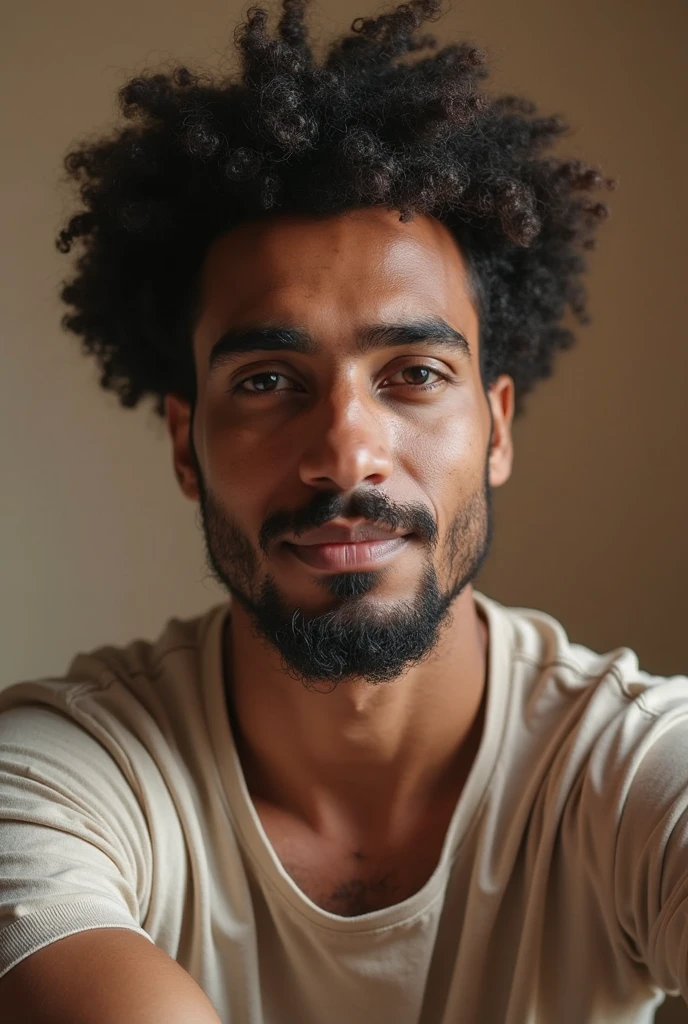 photograph of a beautiful man with curly black hair and a beard, he is naked, he is sitting in a chair, leaning over a bench, professional photography, sensual gay shoot, photography with studio lighting in a dark environment, high resolution
