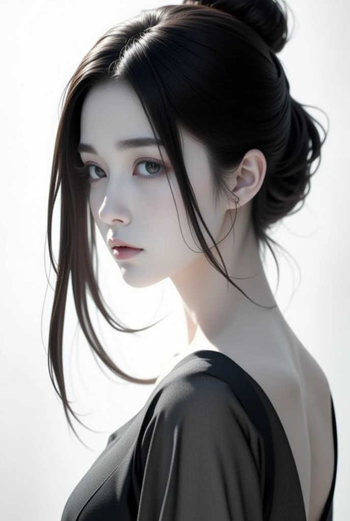 A digital illustration of a woman with black hair in a loose bun, looking over her shoulder. She has fair skin and rosy cheeks, with blue eyes and a serious expression. She is wearing a black, off-shoulder dress that exposes her back. The background is mostly white with some subtle splashes of color, giving a soft and artistic feel. The image has a realistic yet slightly stylized appearance, with smooth shading and detailed textures.