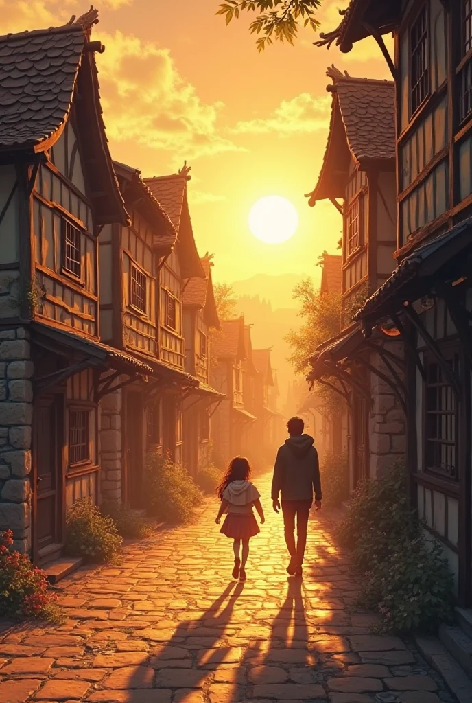 "Golden sunset casting a warm glow over the village, long shadows ...