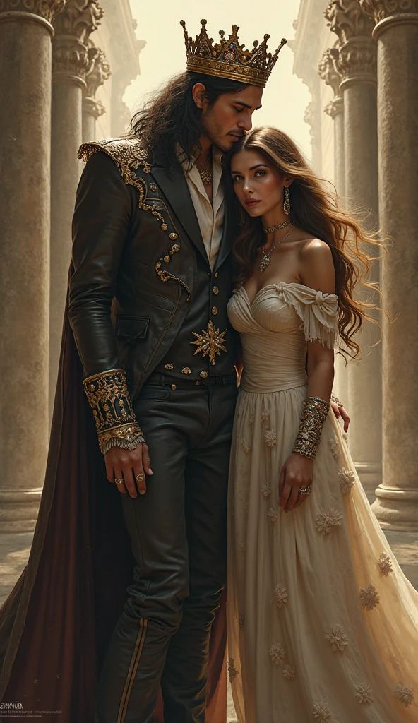 A couple, a man of 2 and a half meters and a woman with dark hair walking side by side, the man who had white hair who looked like a prince with dark brown skin and violet eyes.