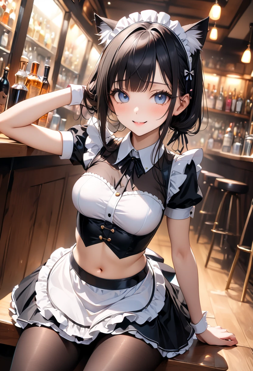 masterpiece, great quality, ultra detail, illustration, game cg, 1girl, solo, (FGOErice), collarbone, cleavage, blush, bunnygirl, bunny ears, detached collar, wrist cuffs, fishnets, strapless leotard, in a club, in a bar, sitting