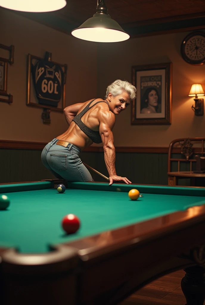 Create a highly detailed and photorealistic image of&#39;a mature woman aged 1.75 meters of skin, weighs 80 kilograms. Elle a une silhouette sportive avec des seins plus gros et des cheveux striés de blanc et de gris, styled in a more controlled manner., plus long, longueur d&#39;shoulder, wavy cut. She is leaning intently on a green pool table in a modern style, dimly lit billiard room, viser son tir. Elle porte des vêtements décontractés, modern clothing, specifically fitted jeans and a fashionable t-shirt. Le décor comprend un éclairage zénithal moderne et un arrière-plan rempli d&#39;autres joueurs observant le jeu..