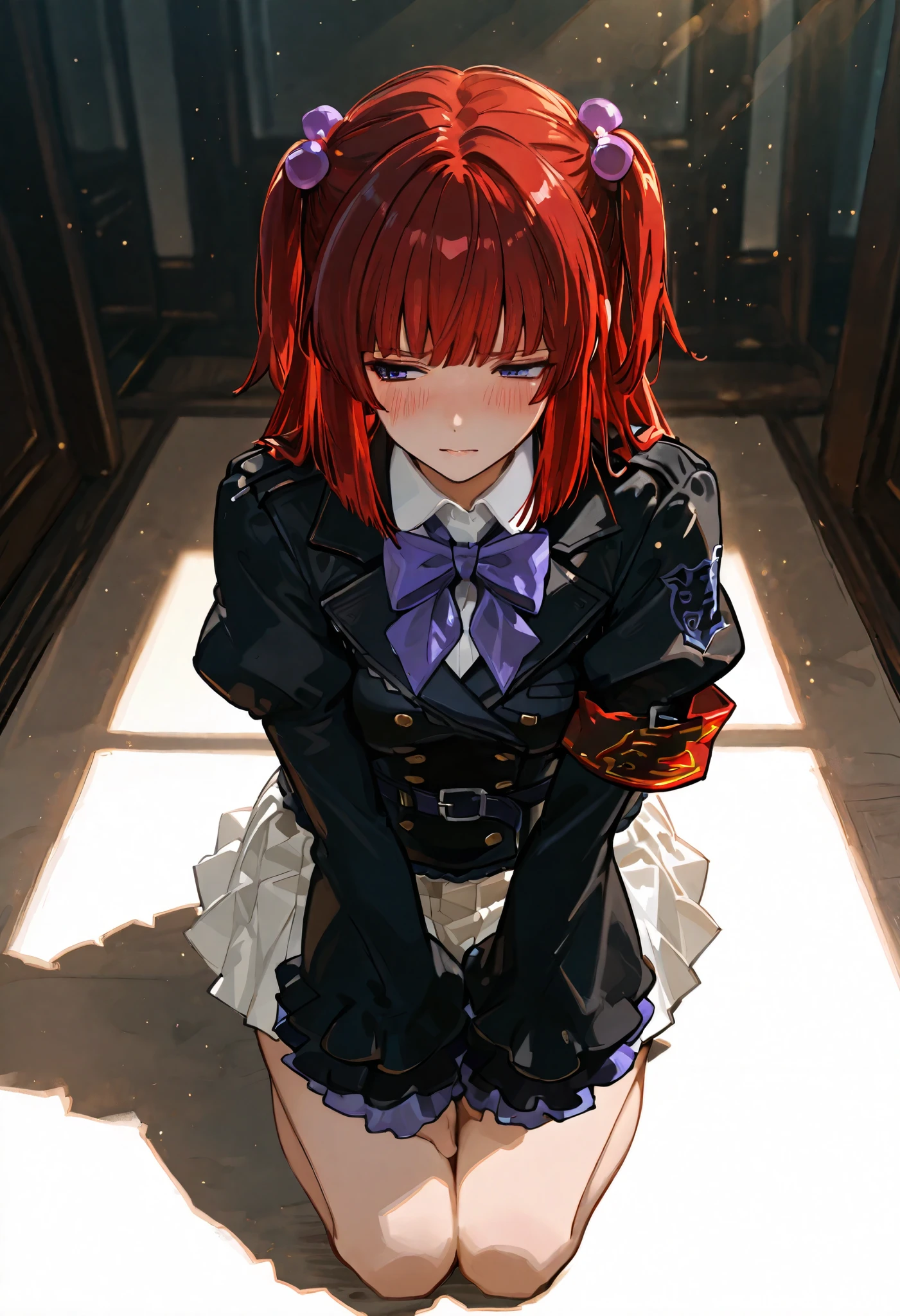 perfect quality, best quality, absolutely eye-catching, cinematic, (masterpiece), (ultra-detailed), Soft lighting, very aesthetic, illustration, perfect composition, ultra detailed face, detailed eyes, blue eyes, 1girl, solo,, full body, black jacket, white skirt, purple bowtie, armband, ushiromiya ange, looking at another, blush, red hair, hair bobbles, hair ornament, long hair,