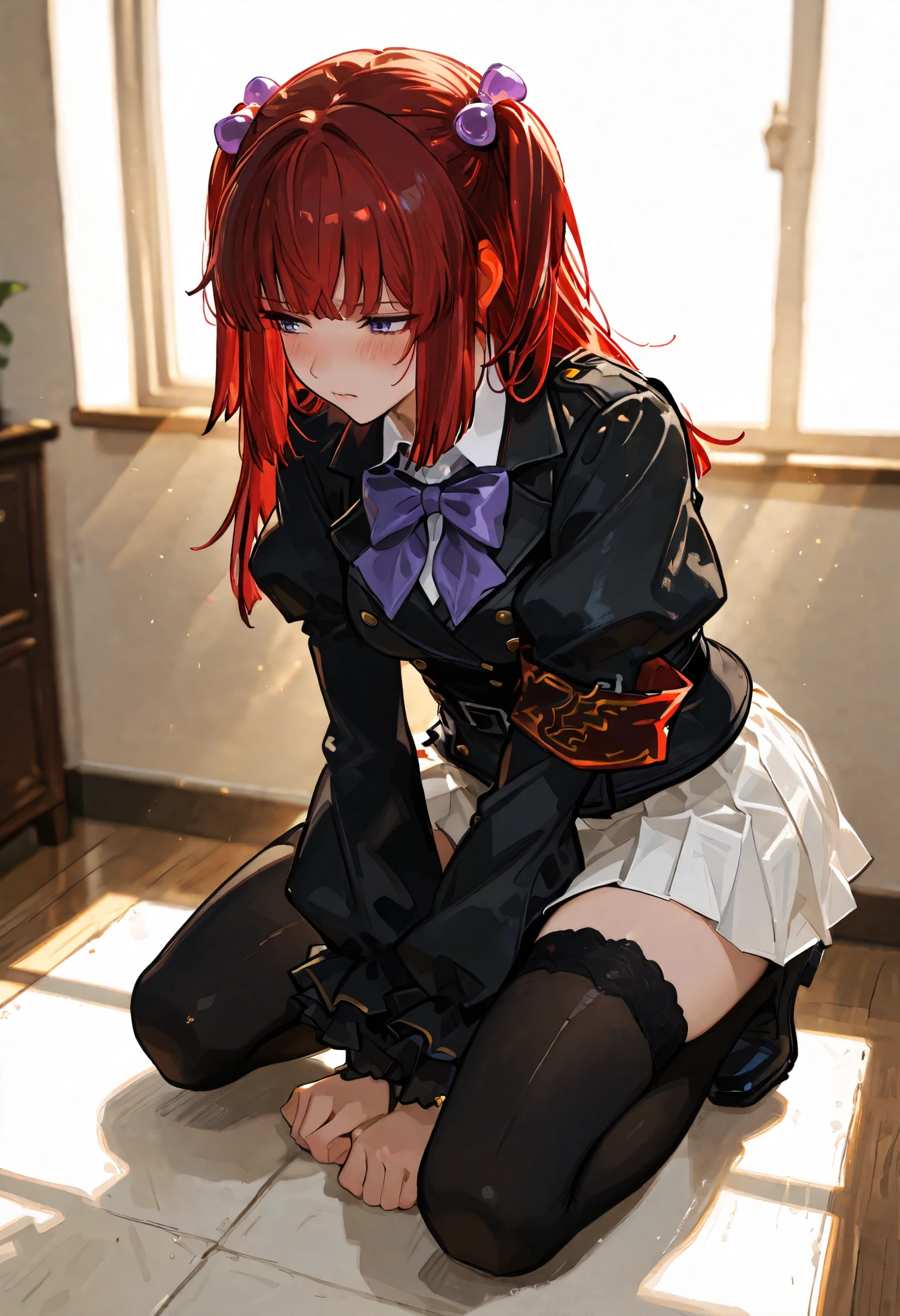 perfect quality, best quality, absolutely eye-catching, cinematic, (masterpiece), (ultra-detailed), Soft lighting, very aesthetic, illustration, perfect composition, ultra detailed face, detailed eyes, blue eyes, 1girl, solo,, full body, black jacket, white skirt, purple bowtie, armband, ushiromiya ange, looking at another, blush, red hair, hair bobbles, hair ornament, long hair, black stockings