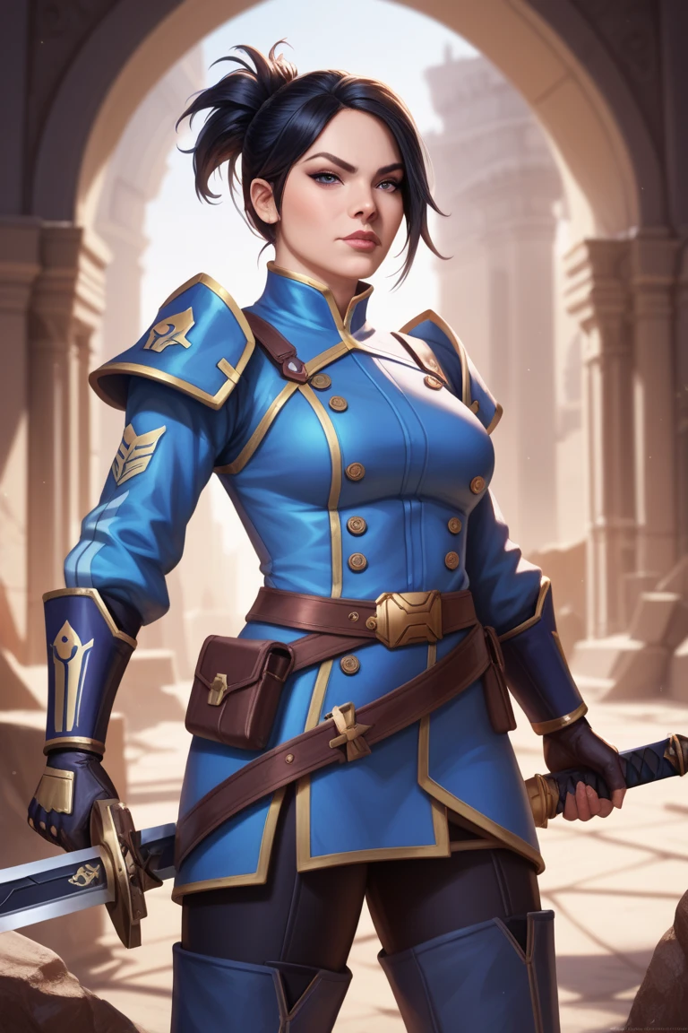 solo, Um jovem pele negra morena moreno com cabelo crespo e crespo usando digital de corpo inteiro Unreal Engine 5 8K UHD de uma garota, arte conceitual, design conceitual de personagem, wearing blue kimono with Japanese details with tight black jumpsuit with metallic armor details, armadura de armas, melhor qualidade , obra-prima, super detalhado, sharp focus, pose feminina
