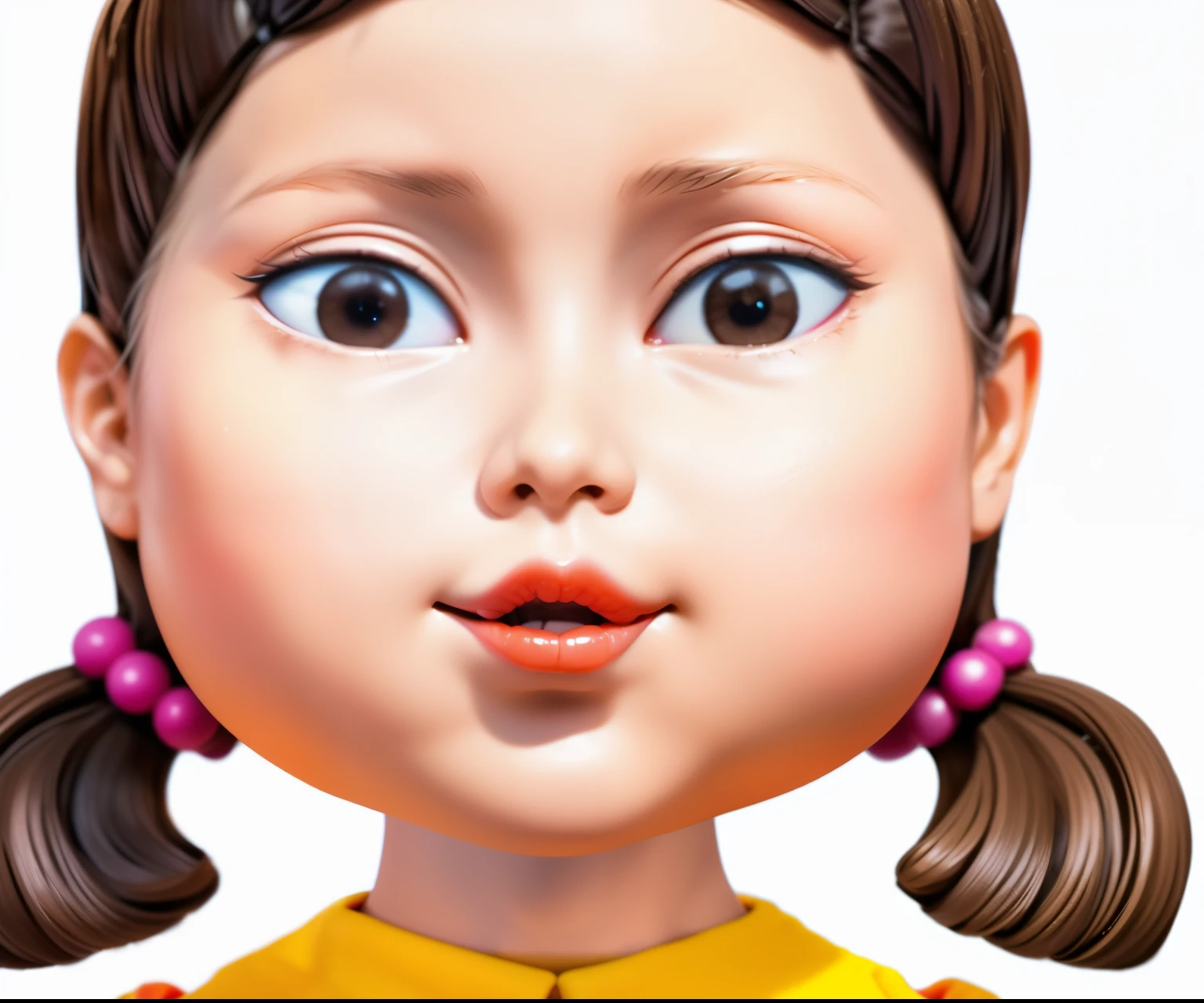 The image shows a doll with brown hair styled in two pigtails, wearing a yellow collar and pink beads in their hair. stylized as a 3d render, promo image, 3 d character, detailed digital art, reflective, best quality, 4k, masterpiece:1.2, ultra-detailed, realistic, vivid colors, dark and moody lighting, The image of the highest quality, ensuring every detail showcased perfectly. It in 4k resolution, allowing viewers to immerse themselves in the richness of the colors and intricate details. The realistic rendering. under the spotlight, reflecting, high-resolution image, realistic rendering, dark background, and rim light, scary atmosphere