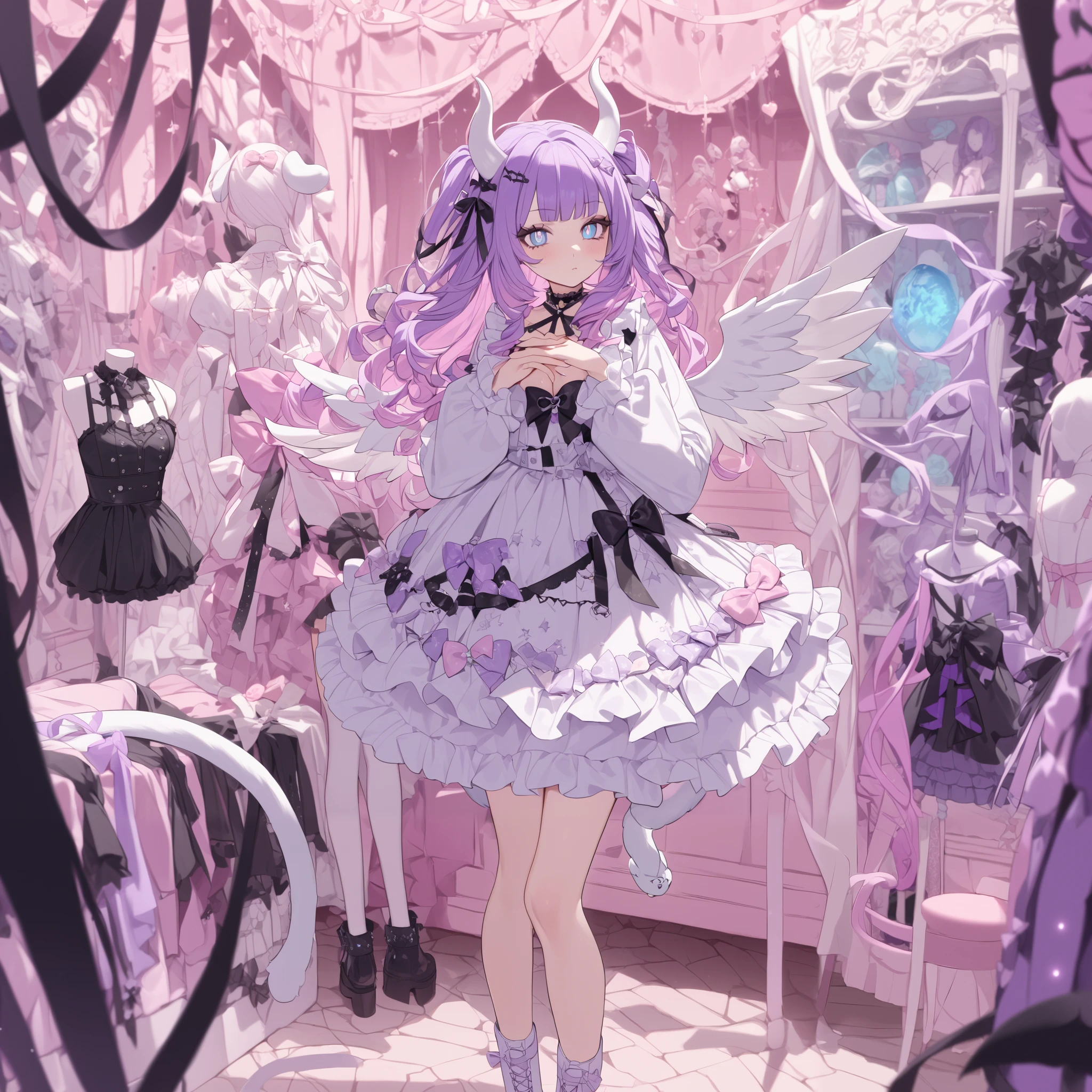 The girl is a devil/ pastel goth. She has long curly puffy purple hair with pink highlights with many white bow-hairpins. She has a ear wings. She has navi blue eyes with cat-like pupils. She has long white horns with pink ribbons. white webbed wings on the back and a white devil's tail with a little pink bow. She is wearing a pink-white ta pastel goth dress with ribbons and bows with long puffy sleeves that hide her palms. She has a puffy collar with a red ribbon and a blue stone on her chest. She has long legs dressed in pink lace-up boots and white with bows. She is walking around in a pink-black gothic room among mannequins decorated with purple ribbons.