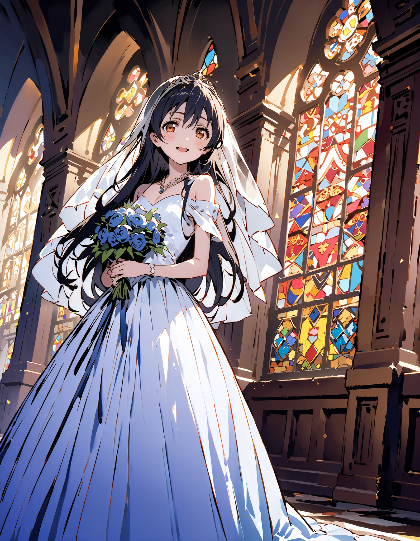 Umi Sonoda , long hair, bangs, brown eyes, lantern,smile,, open your mouth , blue off-the-shoulder wedding dress, wedding long skirt with a bouquet of flowers in both hands, Veil, tiara , necklaces,bouquet, Blue Flower, standing, Stained Glass ,full bodyが eye drop illustrationに入るように, break indoors, Chapel,church,
break looking at viewer,full body,
break ( masterpiece:1.2), top quality, oconnor , Unity 8k wallpaper, ( eye drop illustration:0.8), ( shape so that my whole body fits into an illustration with my eyes lowered :1.6), very beautiful faces , perfect lighting , very detailed CG , ( perfect hands, Completely-Wide),